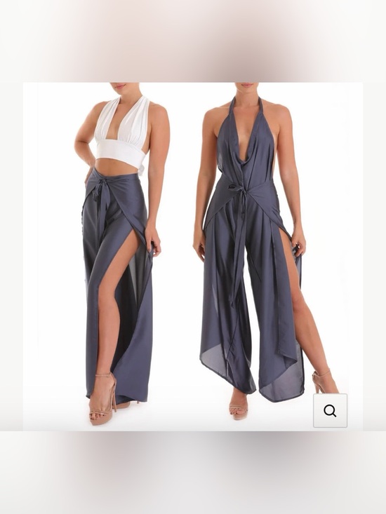 Baliawear Pants - Satin Halter Plunge convertible pant to jumpsuit- steel blue